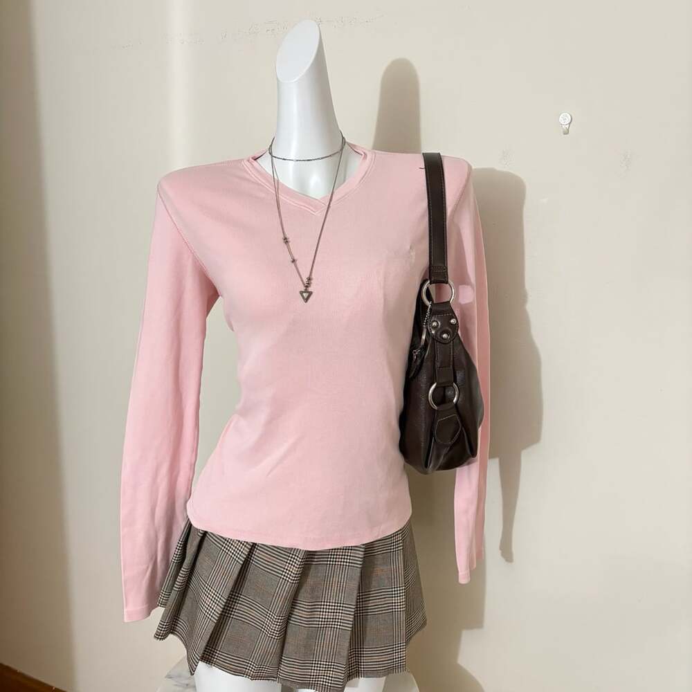 Ralph Lauren Sport Long Sleeve V-Neck Ribbed Top Size L Pink